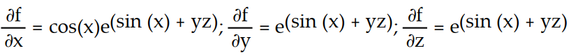 Find all the first order partial derivatives for the following function.   -f(x, y, z)  =   A)    B)    C)     D)   