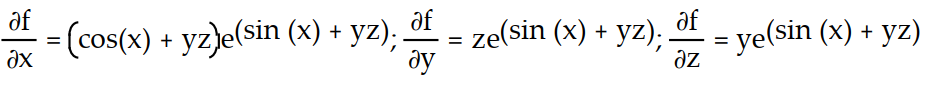 Find all the first order partial derivatives for the following function.   -f(x, y, z)  =   A)    B)    C)     D)   
