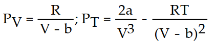 Solve the problem. -The Van der Waals equation provides an approximate model for the behavior of real gases. The equation is P(V, T)  =   -   , where P is pressure, V is volume, T is Kelvin temperature, and a,b , and R are constants. Find the partial derivative of the function with respect to each variable. A)       B)     C)      D)     