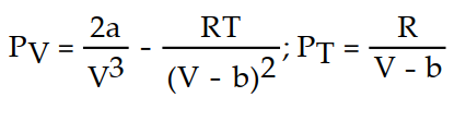 Solve the problem. -The Van der Waals equation provides an approximate model for the behavior of real gases. The equation is P(V, T)  =   -   , where P is pressure, V is volume, T is Kelvin temperature, and a,b , and R are constants. Find the partial derivative of the function with respect to each variable. A)       B)     C)      D)     