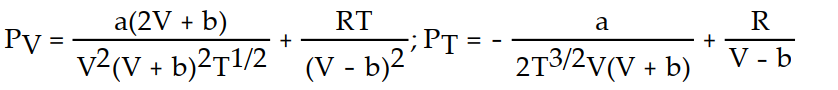 Solve the problem. -The Redlich-Kwong equation provides an approximate model for the behavior of real gases. The equation is P(V, T)  =   -   , where P is pressure, V is volume, T is Kelvin temperature, and a,b , and R are constants. Find the partial derivative of the function with respect to each variable. A)     B)   C)     D)    