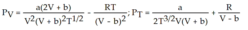 Solve the problem. -The Redlich-Kwong equation provides an approximate model for the behavior of real gases. The equation is P(V, T)  =   -   , where P is pressure, V is volume, T is Kelvin temperature, and a,b , and R are constants. Find the partial derivative of the function with respect to each variable. A)     B)   C)     D)    