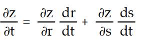 Write a chain rule formula for the following derivative. -  for z = f(r, s) ; r = g(t) , s = h(t)  A)       B)      C)      D)      