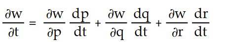 Write a chain rule formula for the following derivative. -  for w = f(p, q, r) ; p = g(t) , q = h(t) , r = k(t)  A)        B)      C)       D)      