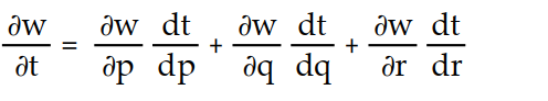 Write a chain rule formula for the following derivative. -  for w = f(p, q, r) ; p = g(t) , q = h(t) , r = k(t)  A)        B)      C)       D)      