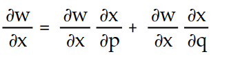 Write a chain rule formula for the following derivative. -  for w = f(p, q) ; p = g(x, y) , q = h(x, y)  A)       B)      C)       D)      