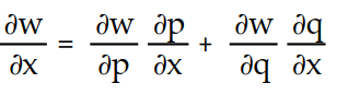 Write a chain rule formula for the following derivative. -  for w = f(p, q) ; p = g(x, y) , q = h(x, y)  A)       B)      C)       D)      