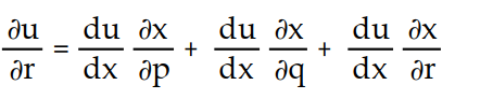 Write a chain rule formula for the following derivative. -  for u = f(x) ; x = g(p, q,r)  A)      B)      C)      D)     
