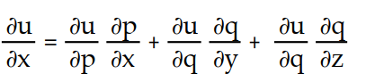 Write a chain rule formula for the following derivative. -  for u = f(p, q) ; p = g(x, y, z) , q = h(x, y, z)  A)       B)     C)       D)      