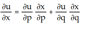 Write a chain rule formula for the following derivative. -  for u = f(p, q) ; p = g(x, y, z) , q = h(x, y, z)  A)       B)     C)       D)      