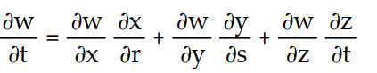 Write a chain rule formula for the following derivative. -  for w = f(x, y, z) ; x = g(r, s, t) , y = h(r, s, t) , z = k(r, s, t)  A)       B)      C)       D)      
