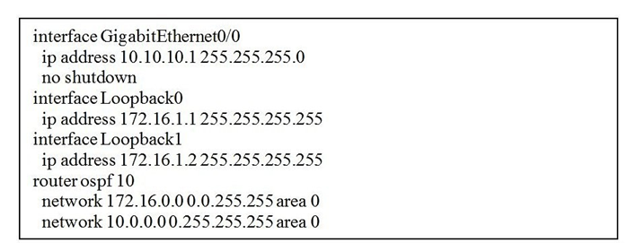 Refer to the figure. Assuming what is shown is the extent of the OSPF configuration on a device, what is the RID of the local OSPF process?   A)  10.10.10.1 B)  172.16.1.2 C)  172.16.1.1 D)  172.16.0.1