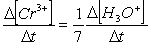  Consider the aqueous phase reaction between the dichromate anion and iron (II)  cations:14 H<sub>3</sub>O<sup>+</sup>(aq)  + Cr<sub>2</sub>O<sub>7</sub><sup>2- </sup>+ 6Fe<sup>2+</sup>(aq)    \rarr   2Cr<sup>3+</sup>(aq)  + 21H<sub>2</sub>OWhat is the rate of increase of Cr<sup>3+</sup> concentration expressed in terms of changing H<sub>3</sub>O<sup>+ </sup>concentration? A)    B)    C)    D)    
