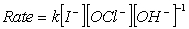  For the reaction I<sup>-</sup>(aq)  + OCl<sup>-</sup>(aq)    \rarr   IO<sup>-</sup>(aq)  + Cl<sup>-</sup>(aq)  in basic solution, it was found that   A)  This reaction is first order overall. B)  This reaction is third order overall. C)  This reaction is second order overall. D)  This reaction is first order in [OH<sup>-</sup>] concentration. E)  The rate law is incorrect as OH<sup>-</sup> is neither a reactant nor a product.  