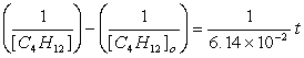 Butadiene reacts to form its dimmer according to the following reaction:   Concentration versus time data were collected for this reaction and a plot of 1/[C<sub>4</sub>H<sub>6</sub>] resulted in a straight line with slope 6.14 x10<sup>-2</sup> M s<sup>-1</sup>. The integrated for of the rate law is A)    B)    C)    D)    E)   