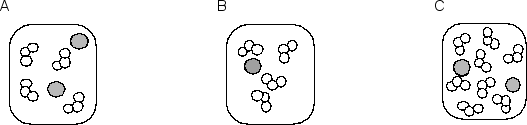  Consider the following three molecular pictures that represent the relative numbers of the two reactants involved in one step of the depletion of stratospheric ozone by chlorine atoms:   The equation for the elementary reaction and a molecular picture of the reaction process are shown below:Cl• + O<sub>3</sub> \rightarrow  ClO + O<sub>2</sub>   If the three samples represented by A, B and C are at the same temperature, what are the rates of reaction of B and C compared to that of A? 