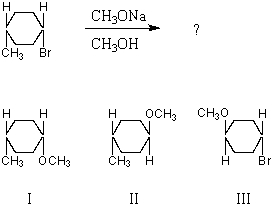 What product(s)  would you expect to obtain from the following S<sub>N</sub>2 reaction?   A)  I B)  II C)  equimolar mixture of I and II D)  III E)  mixture of II and III