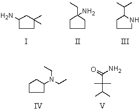 <strong>Which is the 3<sup>o</sup> amine?  </strong> A) I B) II C) III D) IV E) V <div style=padding-top: 35px> 