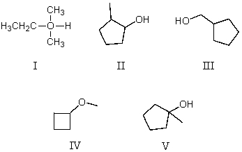 <strong>Which compound is a tertiary alcohol?  </strong> A) I B) II C) III D) IV E) V <div style=padding-top: 35px> 