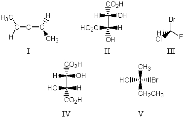 <strong>Which of the following molecules is achiral?  </strong> A) I B) II C) III D) IV E) V <div style=padding-top: 35px> 