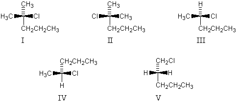 Pairs of enantiomers are   A)  I, II and III, IV. B)  I, II. C)  III, IV. D)  IV, V. E)  I, IV.