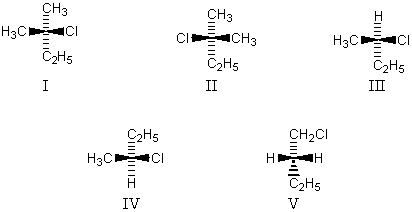 <strong>Chiral molecules are represented by  </strong> A) I, II, III, IV, and V. B) I, II, III, and IV. C) I and II. D) III and IV. E) IV. <div style=padding-top: 35px> 