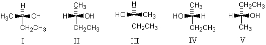 <strong>Which of the following represent (R)-2-butanol?  </strong> A) III and IV B) I, III, IV and V C) I, IV and V D) I and III E) I, II, IV and V <div style=padding-top: 35px> 