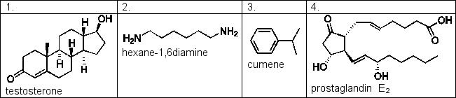 Benzene and water are immiscible, forming two separate layers when mixed. Samples of the compounds below are shaken in a mixture of benzene and water. Which of the following compounds would you expect to be found in the benzene layer?   A)  2 and 4 B)  2 and 3 C)  1 and 4 D)  1 and 3 E)  1, 3 and 4