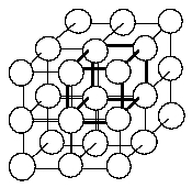 30 In the simple cubic crystal structure at right, the unit cell is outlined in heavy lines which intersect to form the corners at the center of the spheres. If the corners of the unit cells are at the center of the spheres, how many atoms are in one unit cell?   A)  1 B)  2 C)  3 D)  4 E)  6