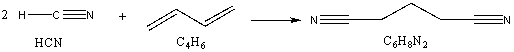 An important reactant in the production of nylon is adiponitrile, the product of addition of HCN and butadiene, the reaction shown below.   If one obtains 4.50 x 10<sup>5</sup> kg of adiponitrile from the reaction of 2.50 x 10<sup>5</sup> kg of butadiene with excess HCN, what is the % yield of the reaction?