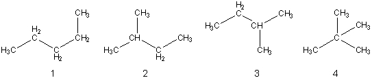 Which of the following structures represents the same molecule?	   A)  1 and 2 B)  3 and 4 C)  2 and 3 D)  1 and 4 E)  All of the structures show the same molecule