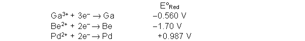 Use the following half reactions and accompanying standard reduction potentials to determine the best reducing agent.	   A)  Ga<sup>3+</sup> B)  Be<sup>2+</sup> C)  Be D)  Pd<sup>2+</sup> E)  Pd