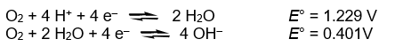 There are two half-reactions for the reduction of O<sub>2</sub> to H<sub>2</sub>O.      Use these half-reactions to calculate the ionization constant for water, K<sub>w</sub>, at 25 °C. H<sub>2</sub>O(l)   H<sup>+</sup>(aq) + OH<sup>-</sup>(aq) K<sub>w</sub> = ?