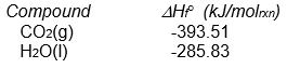   (Note that some of these are the same problems as found in the section headed Enthalpies of Atom Combination. However in this section all problems are worked using Enthalpies of Formation.) -The following reaction occurs when sucrose (cane sugar) is metabolized by the body. C<sub>12</sub>H<sub>22</sub>O<sub>11</sub>(s) + 12 O<sub>2</sub>(g)   \rightarrow   12 CO<sub>2</sub>(g) + 11 H<sub>2</sub>O(l) Given that   \Delta  H ° <sub> </sub>for this reaction is -5645 kJ/mol<sub>rxn</sub>, what is the value of  \Delta  H<sub>f</sub> ° <sub> </sub> for sucrose?    
