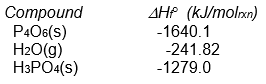   (Note that some of these are the same problems as found in the section headed Enthalpies of Atom Combination. However in this section all problems are worked using Enthalpies of Formation.)  -What is the sign of the enthalpy of reaction for the reaction P<sub>4</sub>O<sub>6</sub>(s)  + 2 O<sub>2</sub>(g)  + 6 H<sub>2</sub>O(g)    \rightarrow  4 H<sub>3</sub>PO<sub>4</sub>(s)  Assuming that all compounds are present in their most stable state at 25°C and 1 atm pressure?   A)  positive B)  negative C)  impossible to determine from the data 