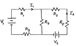  See Figure 18-15. Given R<sub>1</sub> = 18.  \Omega , R<sub>2</sub> = 44.  \Omega , R<sub>3</sub> = 33.  \Omega , R<sub>4</sub> = 14.  \Omega , R<sub>5</sub> = 12.  \Omega , V<sub>1</sub><sub> </sub>= 18.<sub> </sub>volts, and V<sub>2</sub> and 12.volts:     (a) determine I<sub>1</sub>.  (b) determine I<sub>2</sub>. 