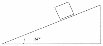A 42.0 kg block of ice slides down the plane incline 34.0° in Figure 4-12. Figure 4-12    Assuming friction is negligible, what is the acceleration of the block down the incline? A)  2.73 m/ s<sup>2</sup> B)  9.80 m/ s<sup>2</sup> C)  8.12 m/ s<sup>2</sup> D)  6.61 m/ s<sup>2</sup> E)  5.48 m/ s<sup>2</sup>