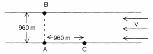 A 960. m wide river flows at 16. m/s as shown in Figure 3-8. Alice and John have a race in identical boats which travel 20. m/s in still water. Alice leaves point A and steers so that she goes straight to point B directly across and then back to A. John steers up to point C (960. m upstream) and then returns to A. Figure 3-8 (a) Which person arrived back at A first? (b) How much sooner did the winner arrive back at A?