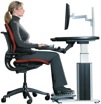Please use the figure below to answer the following two questions. FIGURE 17-1    -Looking at Figure 17-1, for good ergonomics the chair should ____. A)  be adjustable B)  have adequate lumbar support C)  both a. and b. D)  neither a. nor b.