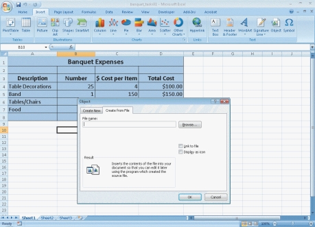 <strong>Please use the figure below to answer the following two questions. FIGURE 14-1 -Figure 14-1 shows the beginning stages of embedding a Word document into an Excel worksheet. In order to access the Object dialog box that is displayed, you would click the Insert tab, and then the ____ button while in Excel.</strong> A) Picture B) Text Box C) Shapes D) Object