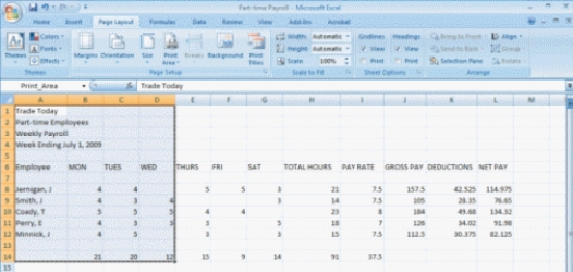 Please use the figure below to answer the following two questions. FIGURE 12-1    -Referring to Figure 12-1, if you want to only print the area that is shown as selected (A1:D14) , you would click the ____ button under the Page Layout tab. A)  Margins B)  Orientation C)  Background D)  Print Area