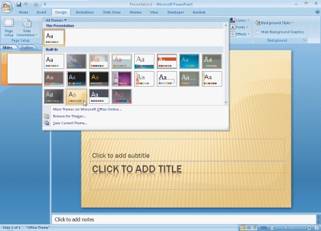 Please use the figure below to answer the following two questions. FIGURE 11-1    -Referring to Figure 11-1, in order to add a theme you will choose the ____ tab and then click the More button in the Themes group to display all available themes. A)  Slide Show B)  Review C)  Insert D)  Design