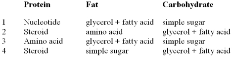 Which of the following rows correctly matches organic molecules with their subunits?   A)  Row 1 B)  Row 2 C)  Row 3 D)  Row 4