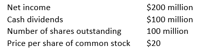 Consider a company that has the following financial information:   The dividend yield on this company's stock is closest to: A)  $1 B)  $2 C)  2.5% D)  5.5% E)  50%