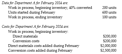 Answer the following questions using the information below: Dharma Plastics, Inc., manufactures plastic moldings for car seats. Its costing system utilizes two cost categories, direct materials and conversion costs. Each product must pass through Department A and Department B. Direct materials are added at the beginning of production. Conversion costs are allocated evenly throughout production.    -What is the unit cost per equivalent unit of beginning inventory in Department A? A)  $2,000 B)  $7,000 C)  $3,500 D)  $7,500