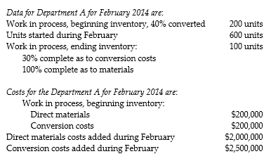 Dharma Plastics, Inc., manufactures plastic moldings for car seats. Its costing system uses two cost categories, direct materials and conversion costs. Each product must pass through Department A and Department B. Direct materials are added at the beginning of production. Conversion costs are allocated evenly throughout production.   What were the equivalent units of direct materials and conversion costs, respectively, at the end of February? Assume Dharma Plastics, Inc., uses the weighted-average process costing method. A)  800; 700 B)  600; 500 C)  800; 800 D)  800; 730
