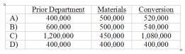 Use the following to answer questions: Preston Manufacturing Company has the following information available for its process costing system for the month of May in the finishing department. The finishing department is the second of a multiple-department manufacturing plant. Materials are added at the end of the process in finishing.     Beginning inventory is 30% complete as to conversion costs; ending inventory is 80% complete as to conversion costs. -The finished equivalent units for each production category under FIFO are:   A)  Item A B)  Item B C)  Item C D)  Item D