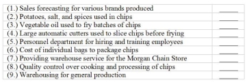 Match each of the following resources with the most likely resource level at a potato chip manufacturer. Identify the resource levels as: U = Unit; B = Batch; P = Product; C = Customer; F =    Facility