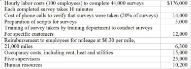 Arlington Marketing Research is a local market research firm, which provides on site interviews at local malls and retail outlets. The basic unit of service is a completed marketing research survey. All telemarketing personnel, mostly college students, are paid by the hour. Supervisory labor is salaried    Required: For each cost listed, indicate whether the activity should be classified as Unit-level, Product-level, Batch- level, Customer-level or Facility-level. Indicate an appropriate cost driver to be used to allocate the cost to products. Justify your answers, if necessary.