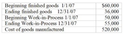 What is the cost of goods sold for 2007? The following information pertains to Natick Wood Shop:    A)  $544,000 B)  $496,000 C)  $546,000 D)  $539,000